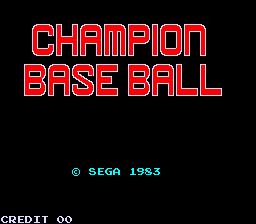 The title screen displays "CHAMPION BASE BALL" in large red outlined letters against a black background. Below the title, cyan-colored copyright text reads "© SEGA 1983". In the lower left corner, white text shows "CREDIT 00". The layout is centered and minimal, with no additional graphics or gameplay elements visible.