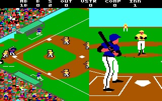 A baseball game in progress shows an isometric-view field with a batter at home plate in white uniform and a purple-uniformed pitcher mid-delivery. Multiple fielders in white uniforms are positioned across the green outfield and infield, with a catcher crouched behind home plate. A scoreboard appears at the top displaying game statistics. The dense crowd in the stadium background is rendered in small, colorful pixels. The playing field uses brown dirt infield and bright green grass, with white base markers visible.