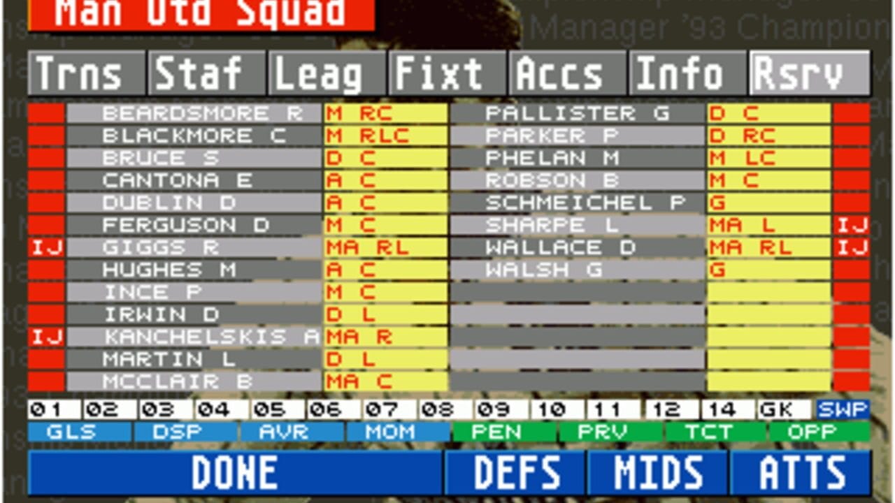 A Championship Manager '93 squad roster interface displays player listings in a two-column table format. The left column shows player names like Beardsmore, Blackhore, and Hughes with their positions marked in yellow cells (RC, RLC, C, L, etc.). The right column lists different players including Fallister, Parker, and Phelan. Column headers at the top include Trns, Staf, Leag, Fixt, Accs, Info, and Rsrv. Below the roster are navigation tabs in blue showing GLS, DSP, AVR, MOM, PEN, PRV, TCT, OPP, and three action buttons at the bottom labeled DONE, DEFS, MIDS, and ATTS. The interface uses a monospaced font typical of early 1990s PC management games.