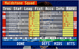A team roster management screen displaying the Haldstone Squad in a tabular interface. Columns include Trns, Stat, Lead, Fixt, Accs, Info, and Rsrv with color-coded cells in yellow and red. Player names like Crosby, Watson, and Powell are listed vertically on the left with corresponding data across rows. At the bottom, four category buttons labeled DONE, DEFS, MIDS, and ATTS are visible. The UI uses a dark blue background with white text and a typical DOS-era interface design featuring a menu bar at the top.