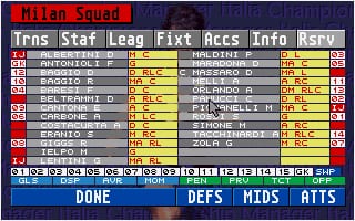 A DOS-era sports management interface displays a player roster table with columns for Trans, Stat, Lead, Fixt, Accs, Info, and Resv. Yellow and red cells indicate player statistics and status information. The top left shows 'Millan Squad' in red text. Below the roster table, four category buttons appear: DONE, DEFS, MIDS, and ATTS in blue boxes. The background features a dark blue gradient with purple tones. Row entries show player names with corresponding numerical data and color-coded indicators, typical of early 1990s text-based management game layouts.