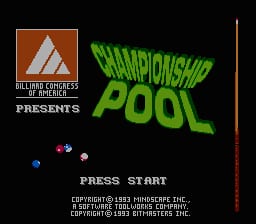 The title screen displays the Bitmasters Inc. logo in the upper left corner, with large green pixelated text reading "CHAMPIONSHIP POOL" positioned center-right. Below the title, a black background shows a simplified white pool table layout with colored billiard balls scattered across it. The text "PRESS START" appears in white beneath the pool table graphic. Copyright information for Bitmasters Inc. and the Commodore 64 version is printed in small white text at the bottom of the screen. A vertical orange line runs along the right edge of the display.