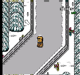 A top-down racing view shows a yellow car positioned in the center of a gray asphalt road flanked by white lane markings. Forested terrain with brown tree trunks fills both sides of the road. A second vehicle appears in the distance ahead on the road. The sky occupies the upper portion in light gray. Text reading "EMPLOY" is visible in the upper right corner. The graphics use low-resolution pixel sprites typical of NES hardware, with a restricted color palette of grays, browns, whites, and yellows.