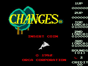The title screen displays a large stylized logo reading "CHANGES" in yellow text with a green geometric shape above it. Red text beneath reads "INSERT COIN". The right side shows a vertical score display panel listing "1UP", "2ND", and "3RD" positions with corresponding point values in white text. A copyright notice at the bottom reads "© 1982 ORCA CORPORATION" in red text. The background is solid black, characteristic of early 1980s arcade title screens.