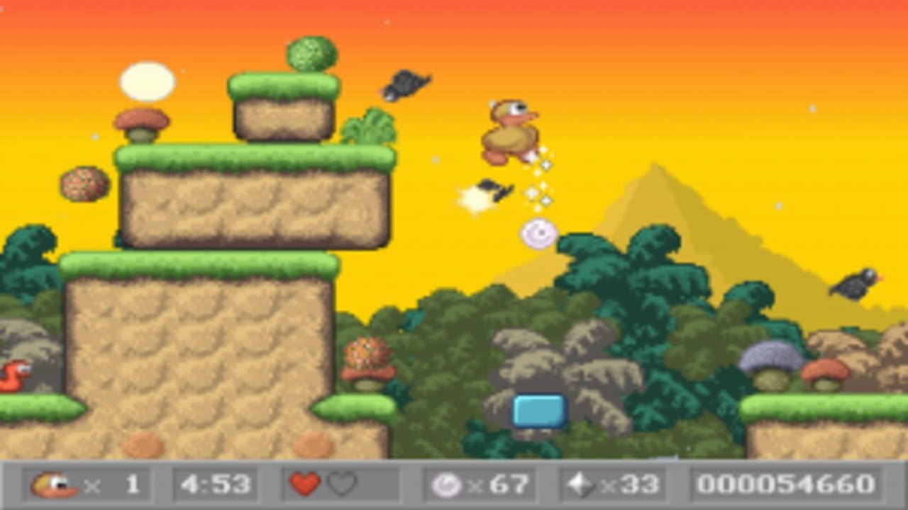 A side-scrolling platformer level displays a brown stone structure with green grass borders on the left side, featuring multiple platforms and a pipe with a mushroom-like cap. A small brown duck character jumps in the center-right area while black flying enemies scatter around. The background shows a yellow-to-orange gradient sky, a distant olive-colored mountain, and lush green foliage with scattered rocks and mushroom-shaped objects. A gray UI bar at the bottom shows health (one heart), a score of 1, time 4:53, and numerical values including 67 and 33. Pixel art sprites and retro 16-bit visual style throughout.