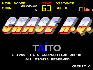 The title screen displays "CHASE H.Q." in large yellow and gold gradient letters at the center. Above the title, a status bar shows "HIGH SCORE 2592020", "TIME 60", "DISTANCE 0", and "SPEED 0km/h" in white text on black background. Below the title, the Taito logo appears in blue and red colors. Copyright text reads "© 1988 TAITO CORPORATION JAPAN ALL RIGHTS RESERVED" with "CREDIT 0" displayed in the lower right corner. The entire interface uses a black background with bright neon-style colors typical of arcade games from this era.