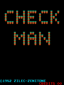 The title screen displays "CHECK MAN" in large pixelated orange letters made of small square blocks against a black background, with "MAN MAN" displayed below in similar blocky lettering. At the bottom of the screen, white text reads "©1982 ZILEC-ZENITONE" and "ZITEC" in a smaller font. The entire interface uses a simple monochrome pixel art style typical of early 1980s arcade games.