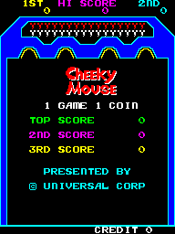 The title screen displays "CHEEKY MOUSE" in red pixelated text at center, flanked by yellow animated cheese wedges across the top. A blue-outlined game board shape frames the title area against a black background. Below are four rows of cyan text: "1 GAME 1 COIN", "TOP SCORE" with a zero value, "2ND SCORE" with a zero value, and "CREDIT 9" at bottom right. At the bottom, white text reads "PRESENTED BY" followed by "UNIVERSAL CORP" in cyan. A yellow score counter appears in the top-left corner, with "2ND" visible in the top-right. The overall aesthetic uses bright neon colors typical of early 1980s arcade cabinets.