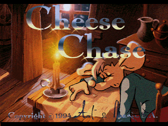 The title screen displays 'Cheese Chase' in large white text at the top. A cartoon mouse character in yellow and green clothing runs rightward across a brown wooden interior, pursued by a gray cat. A glowing lantern hangs from above, casting warm light on the scene. A copyright notice reading '© 1994 Art & Magic' appears in the lower left corner. The background shows wooden floorboards and wall paneling rendered in warm brown tones with a 16-bit sprite art style.