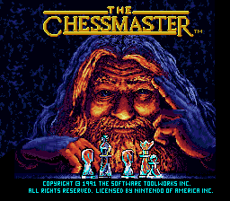 The title screen displays a large pixelated face of an elderly bearded man with orange and red tones against a dark blue starry background. Gold text reading 'THE CHESSMASTER' appears above the face, with the registered trademark symbol. Below the illustration, white and cyan text lists copyright information for The Software Toolworks from 1989, along with licensing credits to Spinnaker and Nintendo. The art style uses 8-bit sprite graphics typical of NES titles.