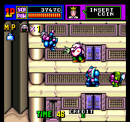 A side-scrolling beat 'em up level viewed from above, displaying four horizontal platforms stacked vertically within a building interior. Multiple player characters in blue and pink outfits engage with enemies in green and purple across the platforms. The top UI shows a score counter reading 37670, a health bar, and an "INSERT COIN" prompt. Cream and brown-toned walls frame the level edges, with decorative vases positioned on the left side. Pixel art sprites render characters at medium resolution typical of late 1980s arcade hardware.