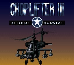 The title screen displays 'CHOPLIFTER III' in large silver metallic letters at the top, with a white star emblem centered below. The words 'RESCUE' and 'SURVIVE' appear on either side of the star in smaller text. A detailed black military attack helicopter is positioned in the center-right of the screen against a gradient background transitioning from dark blue at the top to orange-brown at the bottom. The helicopter sprite features visible weaponry mounted on its sides and landing skids, rendered in a high-detail pixel art style typical of SNES graphics.