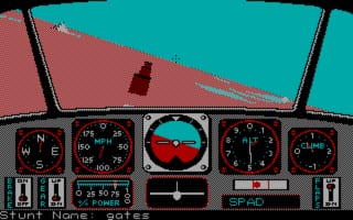 The cockpit view displays a comprehensive instrument panel across the bottom of the screen featuring five analog gauges arranged horizontally, including compass, altitude, and attitude indicators with black needles on white and red faces. Two vertical rectangular instrument displays flank the center group. Above the instruments, a turquoise sky fills the upper half while a red-brown terrain slopes across the middle, suggesting a first-person aircraft perspective during flight. The interface uses a limited EGA color palette with black outlines and pixelated 8-bit graphics typical of 1987 DOS flight simulation software.