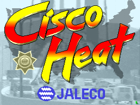 The title screen displays "Cisco Heat" in large red and yellow letters at the center, with a yellow curved stripe accent above. Below the title, a blue banner shows the Jaleco developer logo. A gray urban cityscape with buildings occupies the background, rendered in a light pixelated style typical of early 1990s arcade graphics. A sheriff's badge icon appears to the left of the title text.