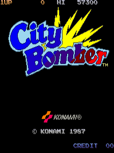 The title screen displays 'City Bomber' in large blue and yellow pixelated text with a yellow explosion graphic bursting upward behind it. Below the title, the Konami logo appears in red, followed by a copyright notice reading '© KONAMI 1987' in white text. The word 'CREDIT' is positioned in the lower right corner. A black background fills the screen. In the top left corner, partial gameplay UI elements are visible, showing 'HY' and numerical values '57300' in orange text against the black backdrop.