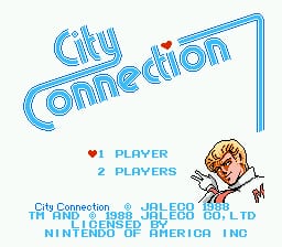 The title screen displays "City Connection" in large blue outlined lettering at the top. Below are two menu options in red: "1 PLAYER" and "2 PLAYERS". A cartoon character with a round head and brown outfit appears on the right side, leaning against or near a vertical blue line element. At the bottom, white text lists copyright and publishing information for City Connection, Jaleco, and the NES version, along with licensing details. The background is plain off-white, creating a simple, clean presentation typical of NES-era title screens.