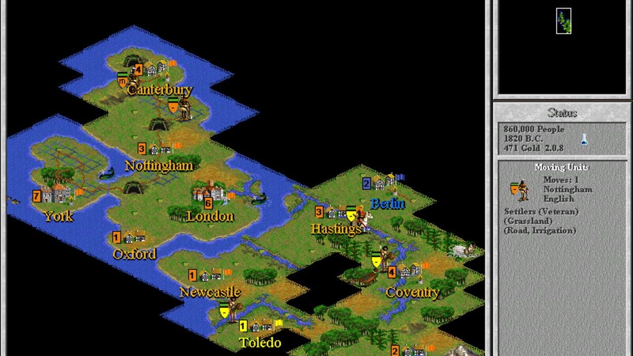 An isometric map of medieval England displays cities labeled Canterbury, Nottingham, York, London, Oxford, Newcastle, Hastings, Berlin, Toledo, and Coventry connected by water and terrain. Each city has numbered icons indicating buildings and resources. The right panel shows game status with 860,000 people in 1820 B.C., 471 gold, and moving unit details for Nottingham English settlers on grassland. A small radar minimap appears in the top-right corner. The color palette uses greens for land, blues for water, and brown for settlements against a black background.