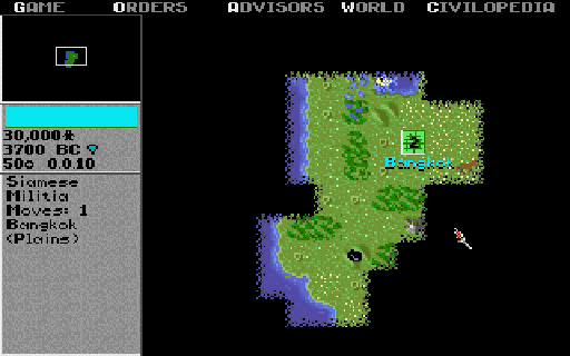 A hex-grid game map displays a continental landmass rendered in green terrain with blue water borders and purple mountain ranges. The left sidebar shows resource values of 50,000 gold, 3,200 BC year, and 500 units, with a list of available actions including Militia, Moves, Bangkok, and Options. A green cursor or selection box appears in the upper left corner. The top menu bar contains tabs for Game, Orders, Advisors, World, and Civilopedia. The pixel art uses low-resolution 8-bit graphics typical of early 1990s PC strategy games.