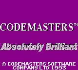 A title screen with a bright magenta background displays "CODEMASTERS" in white capital letters at the top, followed by "Absolutely Brilliant" in white italic script below. At the bottom, white text reads "© CODEMASTERS SOFTWARE COMPANY LTD 1993" in small font. The layout is centered and uses a simple two-color palette of magenta and white with no visible gameplay elements or character sprites.