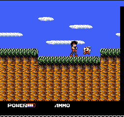 A player character stands on a brown brick platform in the center of the screen, flanked by two smaller characters on either side. A bright blue sky fills the upper half with white clouds and a bird sprite. Green grass and yellow repeating brick tiles form the lower terrain. The UI displays "POWER" and "AMMO" labels in the bottom left corner. The art uses low-resolution sprites and an 8-bit color palette typical of NES games.