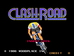 The title screen displays 'CLASH-ROAD' in large blue and purple gradient lettering at the top. Below it sits a pixel-art sprite of a motorcyclist leaning forward on a blue motorcycle, rendered in orange and yellow tones. Red text reading 'INSERT COIN' appears beneath the motorcycle. At the bottom, white text shows a copyright notice '© 1986 WOODPLACE INC.' on the left, the word 'CREDIT' in the center, and '0' aligned to the right, all against a black background.