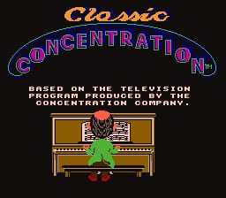 The title screen displays 'Classic CONCENTRATION' in large purple and orange letters across the top. Below is white text crediting the television program produced by the Concentration Company. A green-skinned game show host character sits at a brown game board with two golden card panels on either side, rendered in low-resolution 8-bit pixel art typical of NES games. The overall color scheme uses orange, purple, brown, green, and black against a dark background.