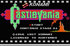 The Castlevania title screen displays the pink and green Konami logo at the top, followed by the game's purple pixelated title text with a red arrow pointing left and a flame graphic on the right side. Below sit the words "PUSH START" in white text, with copyright information reading "©1986 1987 KONAMI" and "LICENSED TO NINTENDO" at the bottom. The background is black with a decorative checkered border pattern in white around the entire screen edge.