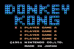 The title screen displays "DONKEY KONG" in large blue pixelated letters at the top. Below are four menu options in orange and yellow text: "1 PLAYER GAME A", "1 PLAYER GAME B", "2 PLAYER GAME A", and "2 PLAYER GAME B". Copyright information for Nintendo appears at the bottom in small text. The background is black with a simple blue and orange color palette typical of early 8-bit arcade ports.