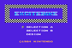 The title screen displays 'EXCITEBIKE' in large blue pixelated letters centered within a checkered yellow-and-black border against a purple background. Below the logo, white text reads 'SELECTION A SELECTION B DESIGN' with arrow indicators. At the bottom, 'CLBSR NINTENDO' appears in orange text. The overall layout uses a simple 8-bit aesthetic with limited color palette typical of NES games.