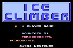 The Ice Climber title screen displays the game logo in large blue pixelated letters at the top against a light blue background. Below the logo, white text reads '1 PLAYER GAME' centered on screen. The score display shows 'HIGH SCORE 04' with '1,000,000 PTS.' listed underneath. A small orange diamond icon appears to the left of the player count text. At the bottom, white text states '©1984 NINTENDO', indicating the original copyright date. The overall presentation uses the limited color palette and blocky sprite style typical of NES-era graphics.