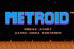 The Metroid title screen displays the word "METROID" in large blue capital letters centered near the top, with a registered trademark symbol. Below the title, white text reads "PRESS START" and "©2004-2005 NINTENDO". The bottom third of the screen shows a horizontal band of orange and brown pixelated terrain or landscape against the black background, rendered in 8-bit sprite graphics typical of NES-era games.