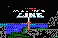 The title screen displays "ZELDA II THE ADVENTURE OF LINK" in blue and red text centered at the top. Below the title, a pixelated Link character stands on green terrain holding a sword vertically, facing right. The background shows a dark night sky with scattered stars, and the lower portion features brown rocky outcrops and green grass. The overall color palette uses the limited NES palette typical of 8-bit sprite graphics.