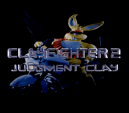 The title screen displays "CLAYFIGHTER 2" and "JUDGMENT CLAY" in large pixelated white text centered on a black background. A clay-animated fighter character in blue armor with a gold helmet and red accents strikes a dynamic pose on the right side of the screen. A second smaller clay character appears in the upper left corner. The overall aesthetic uses low-resolution sprite graphics typical of mid-1990s SNES software, with a dark color palette dominated by black, blue, red, and gold tones.
