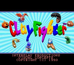 The title screen displays 'CLAY FIGHTER' in large, colorful 3D-style letters in the center, rendered in purple, blue, orange, and green. Six clay character heads surround the title in a circular arrangement. A light blue radial sunburst pattern fills the background. Below the title, white text reads 'INTERPLAY PRODUCTIONS' and 'VISUAL CONCEPTS', with the release year 1993 at the bottom. The overall art style shows the pixelated, sprite-based graphics characteristic of early SNES fighting games.