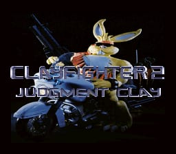 The title screen displays "CLAYFIGHTER 2 JUDGMENT CLAY" in large white pixelated text centered on a black background. Above the text, a blue clay fighter character with exaggerated limbs strikes a fighting pose, rendered in low-resolution sprite graphics typical of early-1990s SNES titles. The character's simplified clay-like appearance and bright blue coloring dominate the upper portion of the composition.