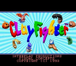 The title screen features the word "ClayFighter" in large, colorful 3D letters arranged in a circle against a light blue radial background. Six clay-textured fighting characters are positioned around the title—a red ninja-like fighter in the upper left, a black masked character in the upper right, and four additional fighters in the corners, each rendered in a claymation style with bright colors. Below the logo, yellow text reads "INTERCEPTAY PRODUCTIONS" and "CRYSTAL DYNAMICS" with "©1993" at the bottom right. The overall aesthetic uses bright primary colors and a stippled texture typical of SNES-era graphics.
