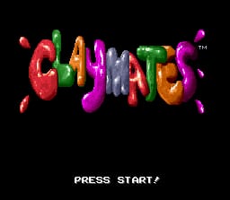 The title screen displays 'CLAYMATES' in large, colorful 3D-rendered clay letters in red, yellow, purple, gray, green, orange, and magenta against a black background. The letters have a glossy, molded appearance with dimensional shading. Below the title, white text reads 'PRESS START' in a standard bitmap font. The composition centers the logo horizontally in the upper portion of the screen.