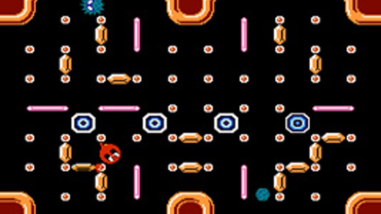 A black play field fills with small orange and white circular collectibles scattered throughout, pink vertical lines dividing the space into sections, and four blue-outlined circular targets positioned in the middle rows. A red character sprite with a round body occupies the lower-left area. Orange rectangular platforms and passages frame the top and bottom edges in warm tones, while a teal sprite appears in the upper area and another in the lower-right corner. The overall scene uses 8-bit pixel art with a limited color palette of orange, pink, blue, red, and teal against the black background.
