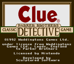 The title screen displays "Clue" in large red letters at the top, with "Parker Brothers" and "Detective Game" text below in a tan and brown framed border. Copyright information for Haddingtons Games Ltd and Parker Brothers appears at the bottom, along with credits listing Sculptured Software as developer. The background is cream-colored with a brown decorative frame. The overall design uses a classic board game aesthetic with serif typography typical of early 1990s SNES presentation.