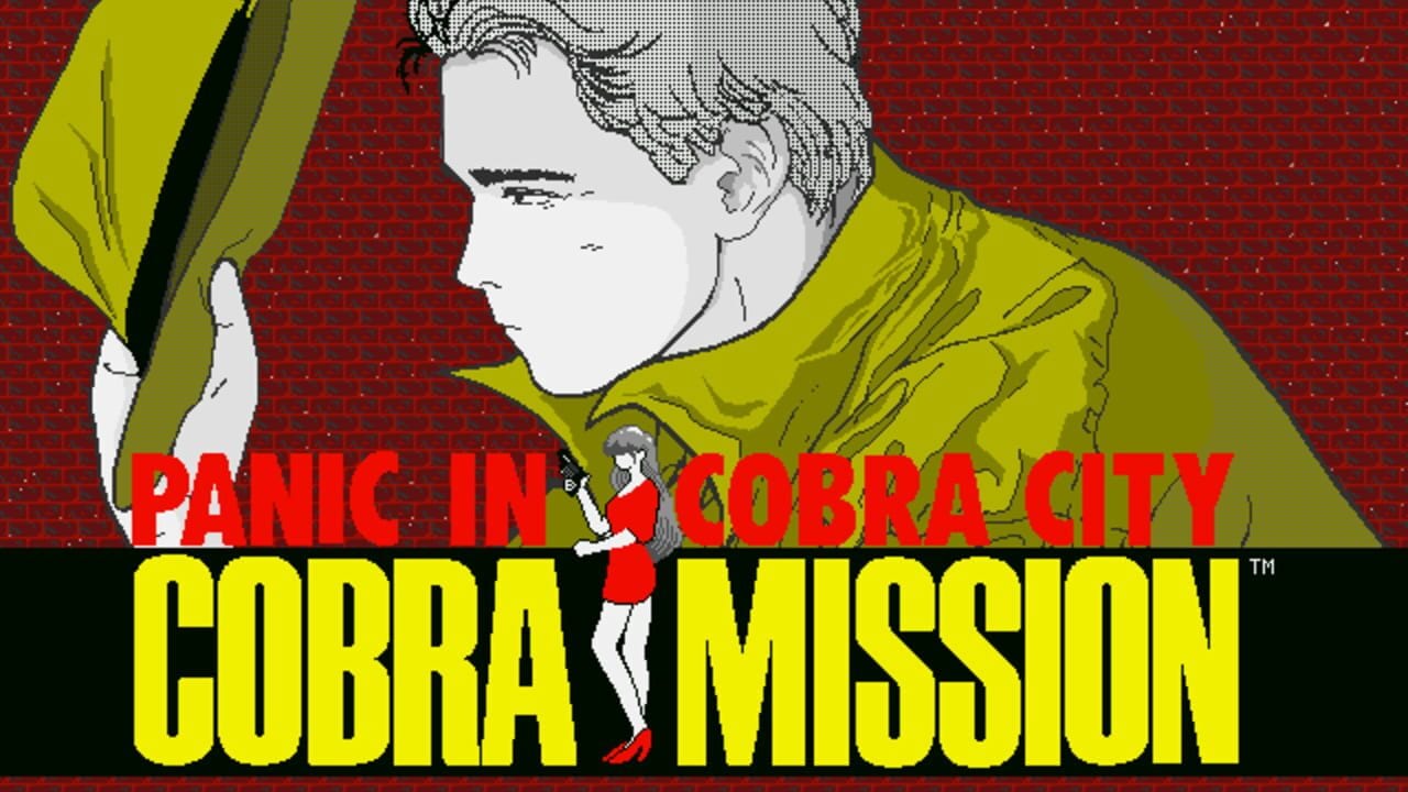 The title screen displays large yellow text reading "COBRA MISSION" with a trademark symbol, positioned over a red textured background. A profile illustration of a man's face in white and gray tones dominates the upper portion, wearing a yellow-green jacket. A small sprite figure in red and white clothing stands in the center below the face. Red text reading "PANIC IN COBRA CITY" arcs across the middle of the screen. The overall aesthetic uses a limited color palette typical of early 1990s DOS graphics.