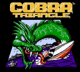 The Cobra Triangle title screen displays the golden logo at the top in large pixelated lettering. Below sits a large green cobra snake with purple and white coloring, positioned over a stylized landscape with purple terrain and a white speedboat or jet ski in the lower right. The background shows a light blue sky with green vegetation, rendered in typical NES-era 8-bit pixel art with a limited color palette of greens, purples, whites, and golds.