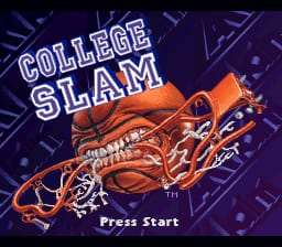 The title screen displays "COLLEGE SLAM" in large outlined white text against a dark blue background. An orange 3D rendered basketball player dunking is positioned centrally, with geometric shapes and circuit-board-like patterns filling the background. A "Press Start" prompt appears in white text at the bottom of the screen. The overall aesthetic combines SNES-era 16-bit graphics with pre-rendered 3D imagery typical of mid-1990s sports games.
