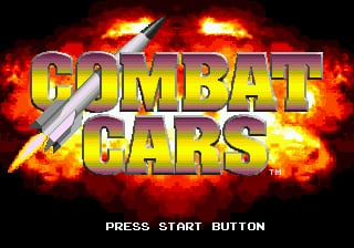 The title screen displays "COMBAT CARS" in large yellow capital letters with a metallic silver missile graphic overlaid above it, set against a dark background dominated by bright orange and red explosion effects. Below the title, white text reads "PRESS START BUTTON" in a standard bitmap font. The overall composition uses a 16-bit color palette with high-contrast fiery imagery filling the upper portion of the screen.