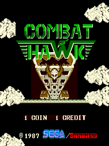 The arcade title screen displays 'COMBAT HAWK' in large green pixelated letters centered on a black background. Below the title sits a gold eagle emblem with spread wings. Cream-colored clouds appear in the four corners of the screen. At the bottom, white text reads '4 COIN 4 CREDIT' on the left and a copyright notice '© 1987 SEGA Sanritsu' on the right, with the SEGA and Sanritsu logos visible.
