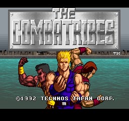 The Combatribes title screen displays the game's logo in large gray blocky letters at the top, set against a turquoise water background. Below the title, three muscular fighters stand in combat poses—a character in blue on the left, a blonde fighter in the center wearing red, and another character on the right. All three have exaggerated physiques typical of 16-bit beat-em-up sprites. At the bottom, white text reads "©1992 TECHNOS JAPAN CORP." A gray metal bar frame borders the entire screen, emphasizing the retro 1990s SNES aesthetic with its pixel-based sprite graphics and limited color palette.