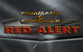 The title screen displays three stacked text elements against a brushed metal background. At the top, "COMMAND & CONQUER" appears in gold lettering with a metallic sheen. Below it, "RED ALERT" is rendered in large red letters with a bold, embossed effect. The layered 3D text creates depth against the dark gray metallic surface with visible directional brushstrokes and highlights.