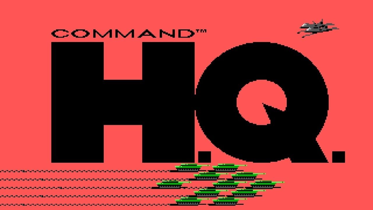 The screen displays "COMMAND" text in black pixelated lettering against a coral-red background. Below are multiple rows of green military tank sprites arranged in formation on dotted tan-colored tracks. A large black question mark shape dominates the right side of the screen. A small gray military aircraft sprite appears in the upper right corner. Two small black squares flank the bottom corners of the composition. The art style uses solid color blocks and low-resolution pixel graphics typical of early 1990s DOS games.