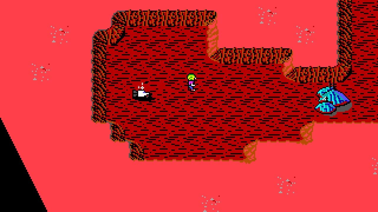 A red brick chamber with isometric perspective displays a small sprite character wearing yellow and purple clothing standing center-left, while a blue creature with wings occupies the right side. Brown and tan textured walls form the boundaries, with decorative brick patterns visible at the top and sides. The floor is uniformly red with black linear details. Scattered white pixel clusters appear in the background suggesting particle effects or environmental elements.