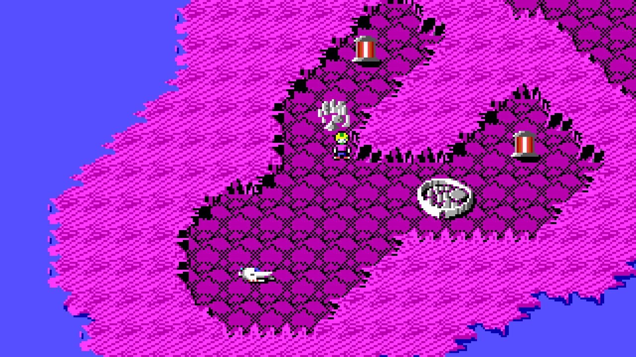 A side-scrolling platformer level displays a magenta and black checkered terrain set against a blue sky. The protagonist, a small pixelated character, stands in the center of the map. Two red and white striped poles are positioned in the upper portion of the landscape. A white cloud-like object appears in the middle-right area, and a small white sprite is visible in the lower-left section. The environment uses a low-resolution pixel art style typical of early 1990s DOS games.