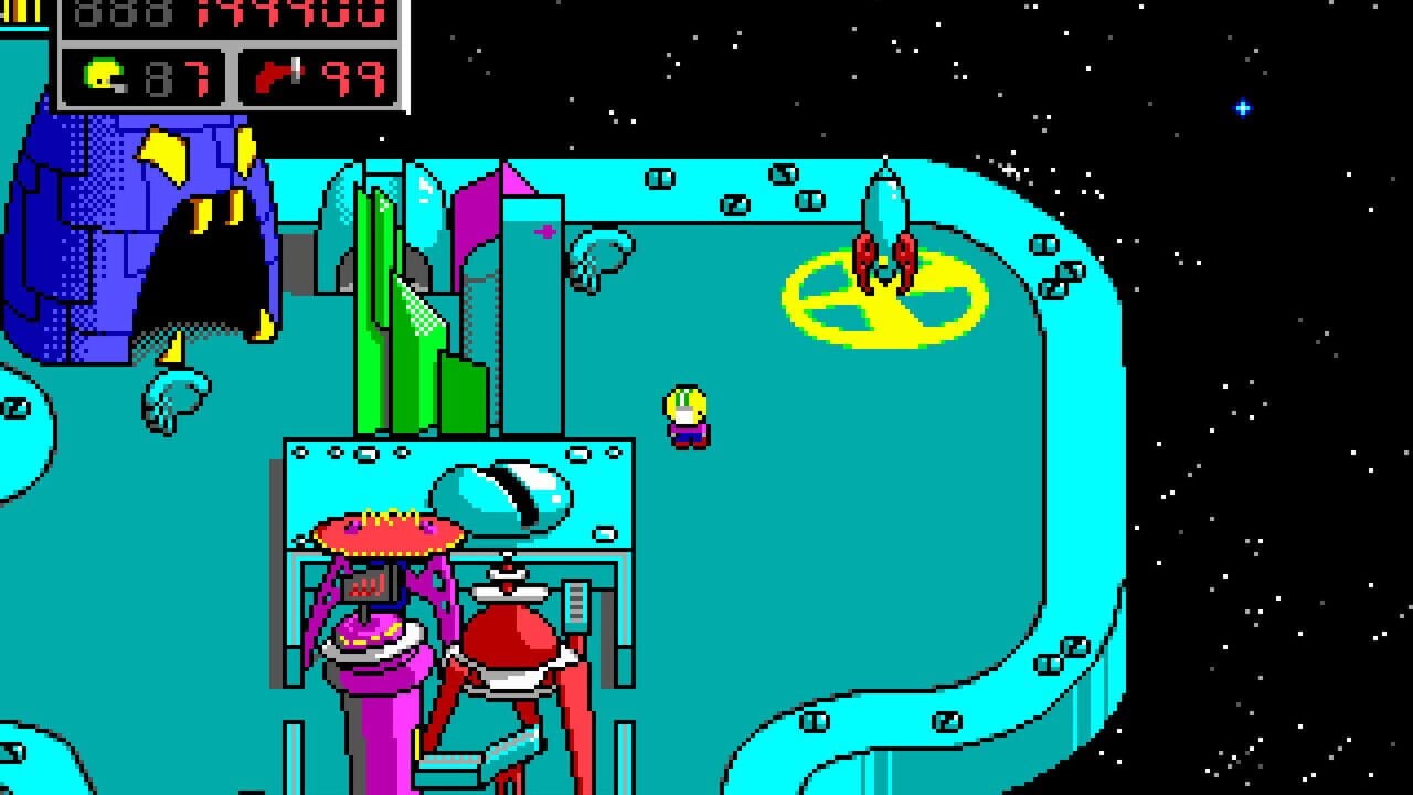 A cyan-colored interior space features Commander Keen, a small yellow-and-purple pixelated character, standing in the center of a room with green geometric structures and cyan walls. A yellow oval platform with red elements hovers in the upper-right portion of the screen. The lower-left shows a separate room with a tall purple alien figure and a red robotic character. The top-left corner displays a score panel showing 444100 points and a red counter at 99. Black starfield fills the right side of the screen. Multiple small square objects are scattered throughout the level geometry.